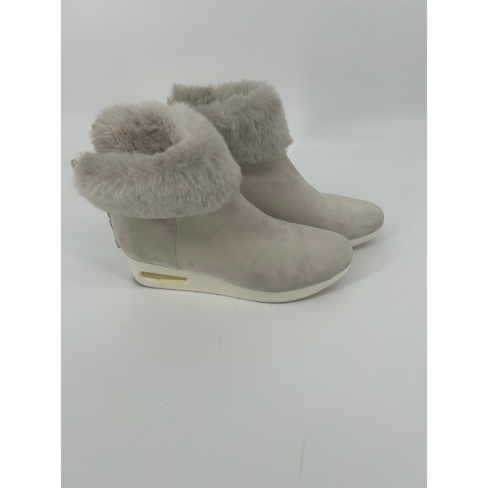 DKNY Faux Fur Wedge Ankle Boots Women 10M Taupe Good Air Cushion Back Zip